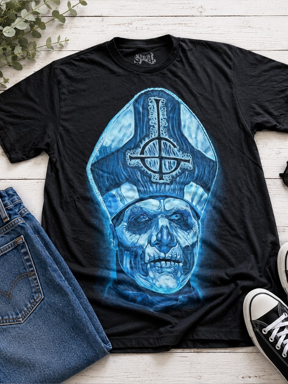 Ghost Band Black Tee Blue Papa Emeritus Graphic T Shirt Gothic Metal Size Large